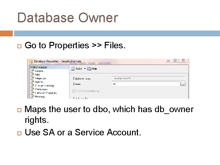 Database Owner Go to Properties >> Files. Maps the user to dbo, which has