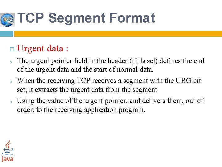 TCP Segment Format o o o Urgent data : The urgent pointer field in