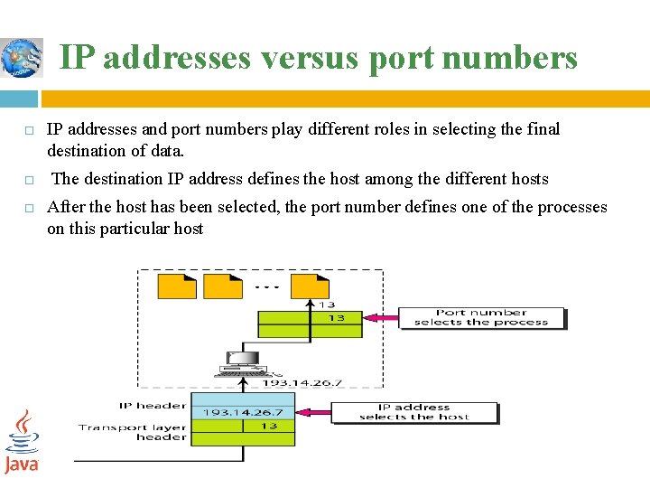 IP addresses versus port numbers IP addresses and port numbers play different roles in