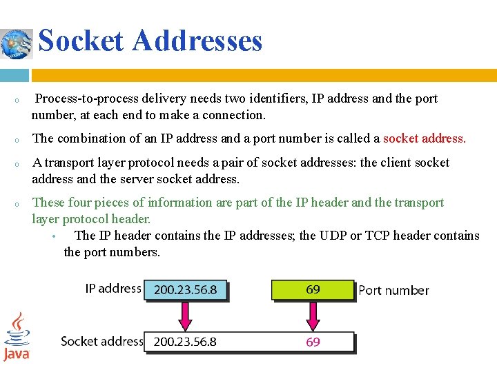 Socket Addresses o o Process-to-process delivery needs two identifiers, IP address and the port