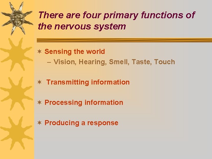 There are four primary functions of the nervous system ¬ Sensing the world –