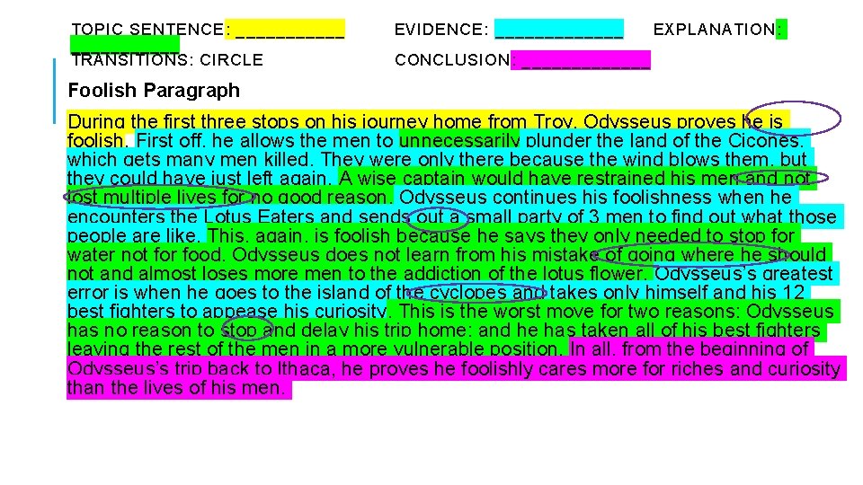 TOPIC SENTENCE: ___________ TRANSITIONS: CIRCLE EVIDENCE: _______ EXPLANATION: CONCLUSION: _______ Foolish Paragraph During the