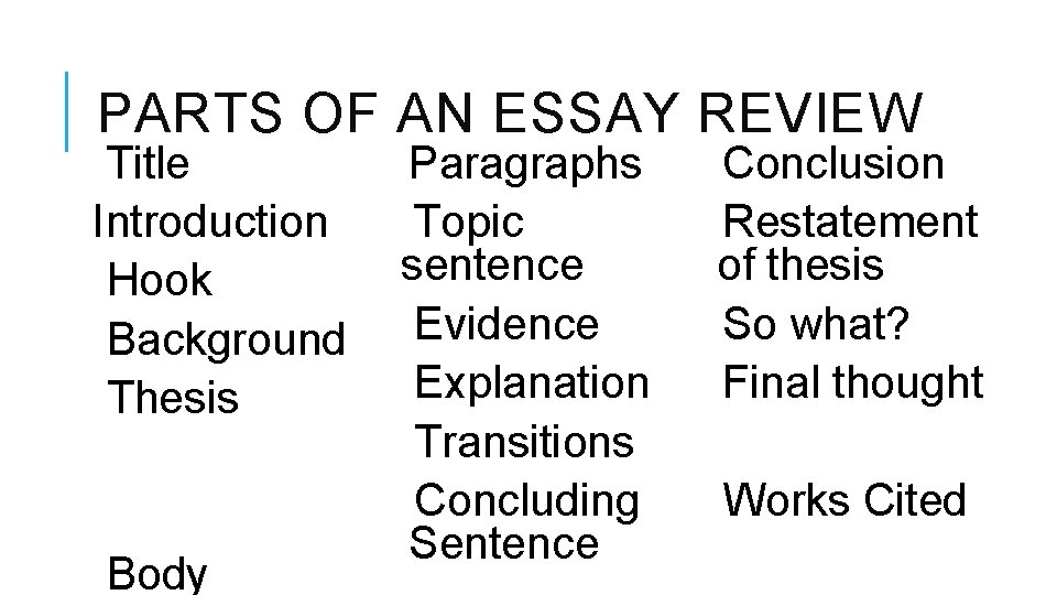 PARTS OF AN ESSAY REVIEW Title Introduction Hook Background Thesis Body Paragraphs Topic sentence