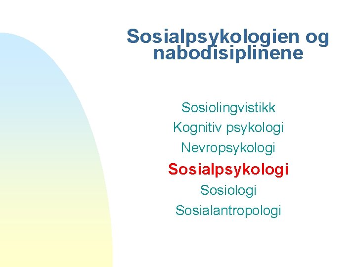 Sosialpsykologien og nabodisiplinene Sosiolingvistikk Kognitiv psykologi Nevropsykologi Sosialpsykologi Sosialantropologi 