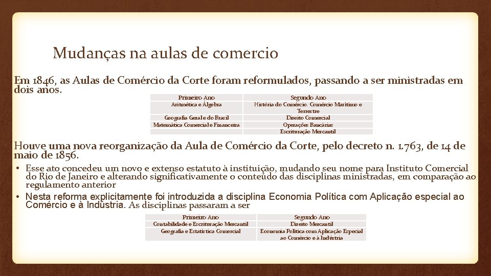Mudanças na aulas de comercio • Em 1846, as Aulas de Comércio da Corte
