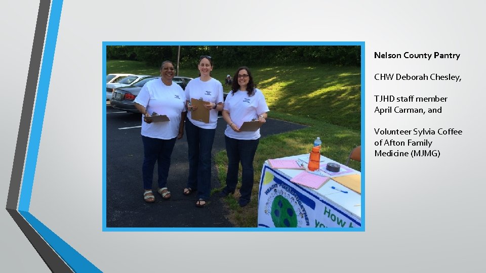 Nelson County Pantry CHW Deborah Chesley, TJHD staff member April Carman, and Volunteer Sylvia