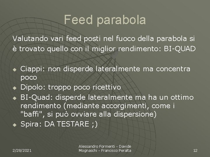 Feed parabola Valutando vari feed posti nel fuoco della parabola si è trovato quello