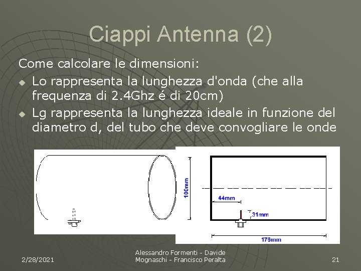 Ciappi Antenna (2) Come calcolare le dimensioni: u Lo rappresenta la lunghezza d'onda (che