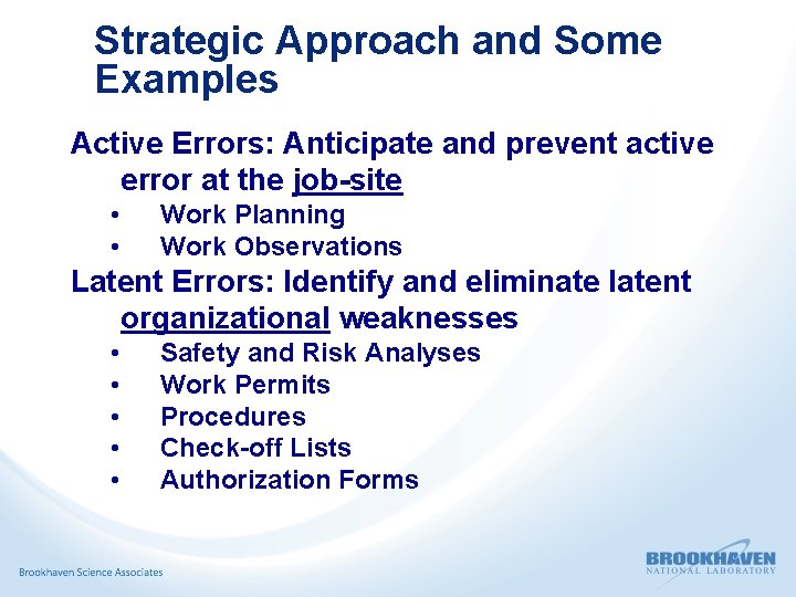 Strategic Approach and Some Examples Active Errors: Anticipate and prevent active error at the