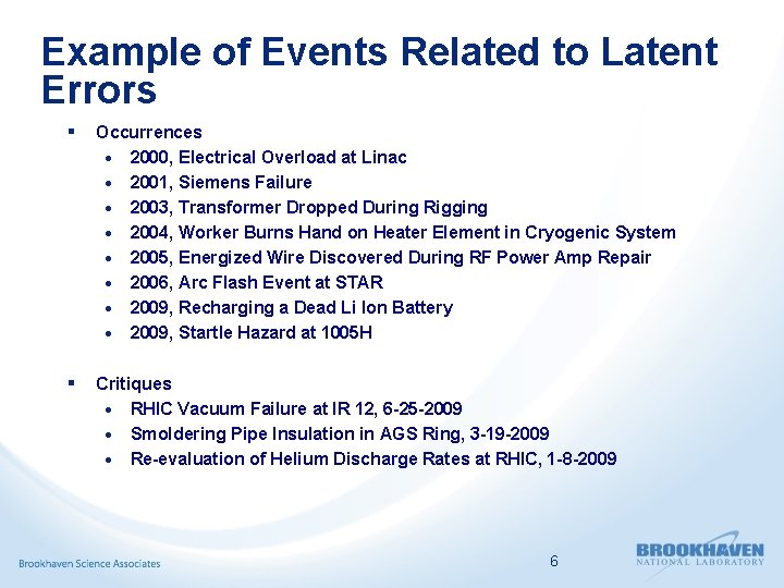 Example of Events Related to Latent Errors § Occurrences · 2000, Electrical Overload at