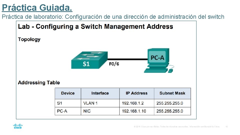 Práctica Guiada. Práctica de laboratorio: Configuración de una dirección de administración del switch ©