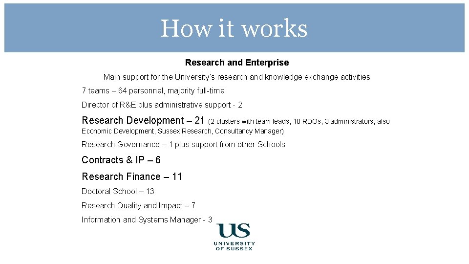 How it works Research and Enterprise Main support for the University’s research and knowledge