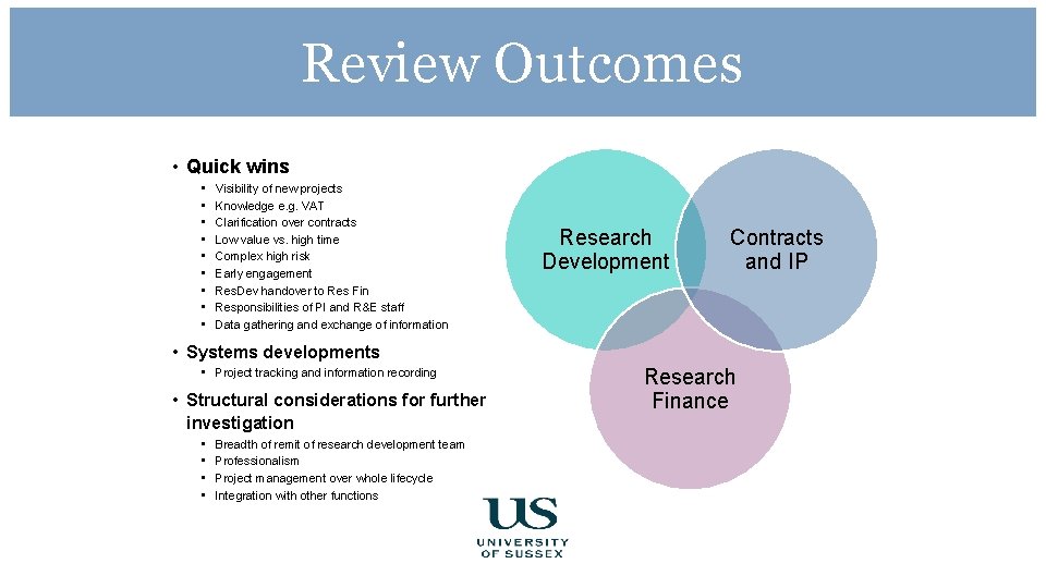 Review Outcomes • Quick wins • • • Visibility of new projects Knowledge e.