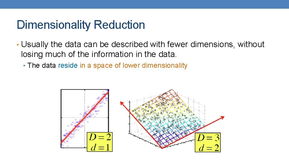 Dimensionality Reduction • Usually the data can be described with fewer dimensions, without losing