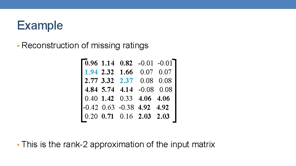 Example • Reconstruction of missing ratings 0. 96 1. 94 2. 77 4. 84