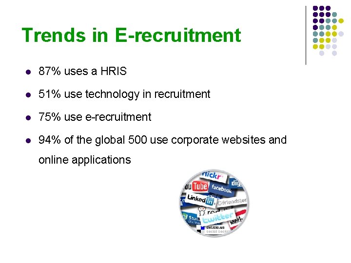 Trends in E-recruitment l 87% uses a HRIS l 51% use technology in recruitment