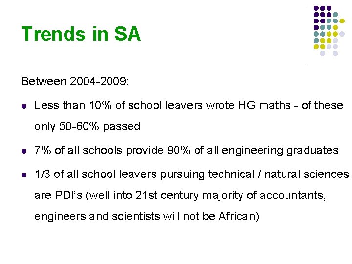 Trends in SA Between 2004 -2009: l Less than 10% of school leavers wrote