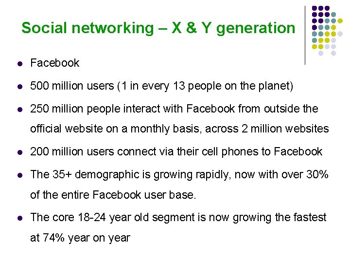 Social networking – X & Y generation l Facebook l 500 million users (1