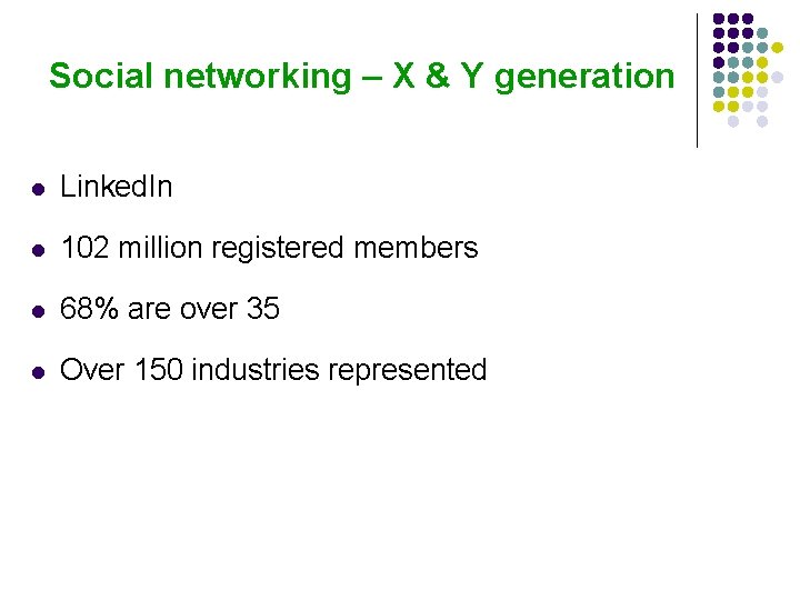 Social networking – X & Y generation l Linked. In l 102 million registered