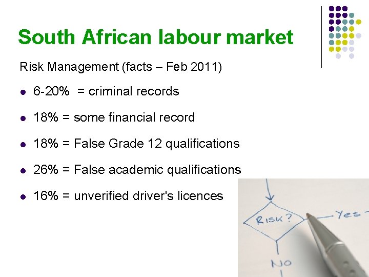 South African labour market Risk Management (facts – Feb 2011) l 6 -20% =