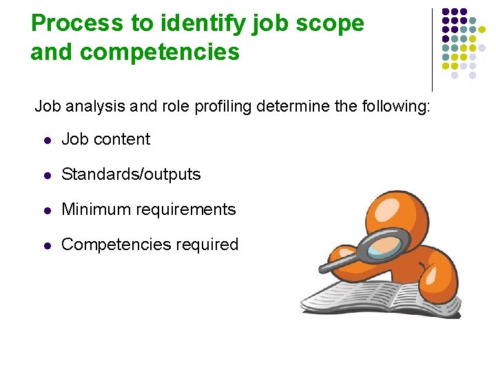 Process to identify job scope and competencies Job analysis and role profiling determine the
