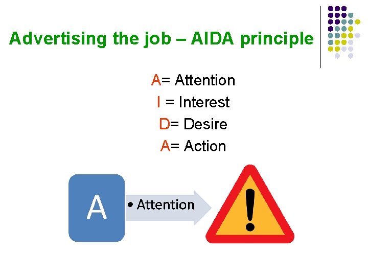 Advertising the job – AIDA principle A= Attention l I = Interest l D=