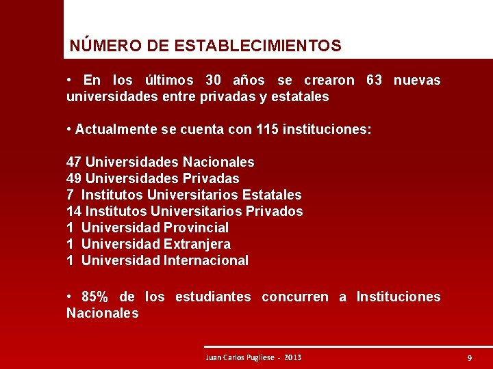 NÚMERO DE ESTABLECIMIENTOS • En los últimos 30 años se crearon 63 nuevas universidades