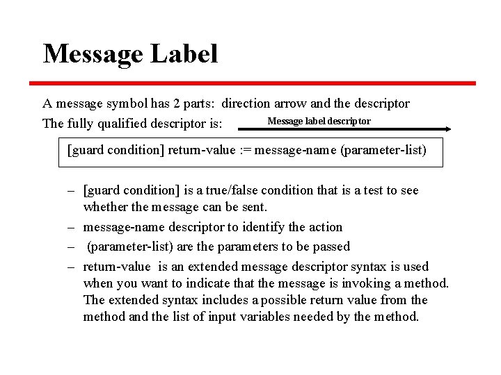 Message Label A message symbol has 2 parts: direction arrow and the descriptor Message