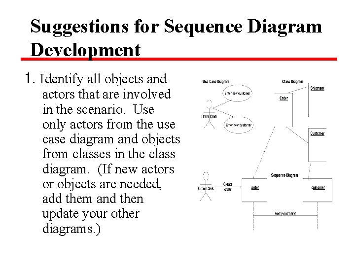 Suggestions for Sequence Diagram Development 1. Identify all objects and actors that are involved