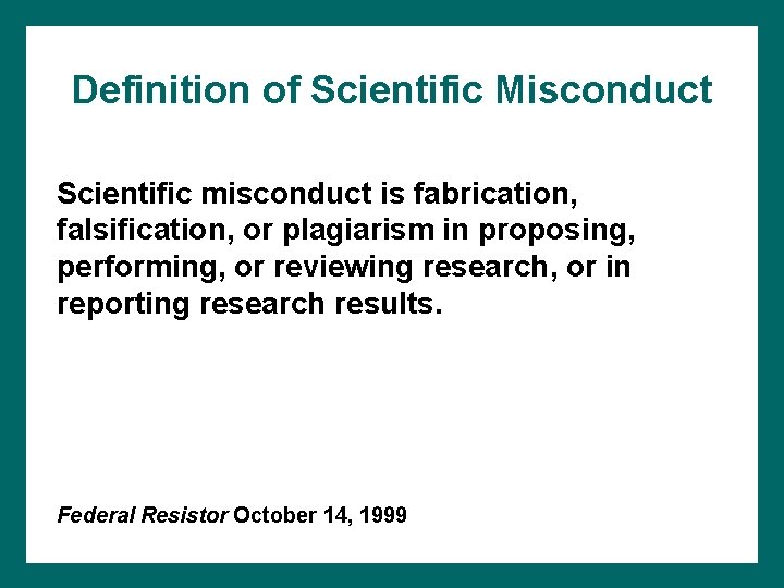 Definition of Scientific Misconduct Scientific misconduct is fabrication, falsification, or plagiarism in proposing, performing,