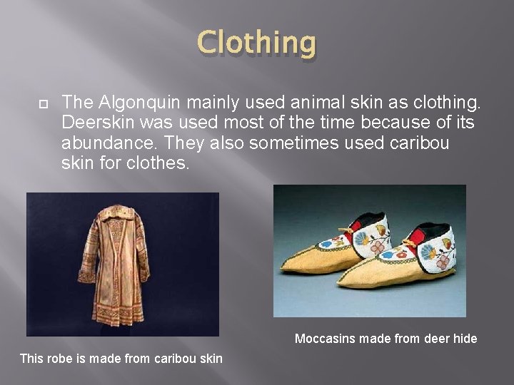 Clothing The Algonquin mainly used animal skin as clothing. Deerskin was used most of
