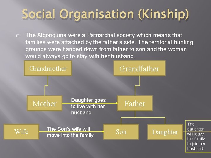 Social Organisation (Kinship) The Algonquins were a Patriarchal society which means that families were