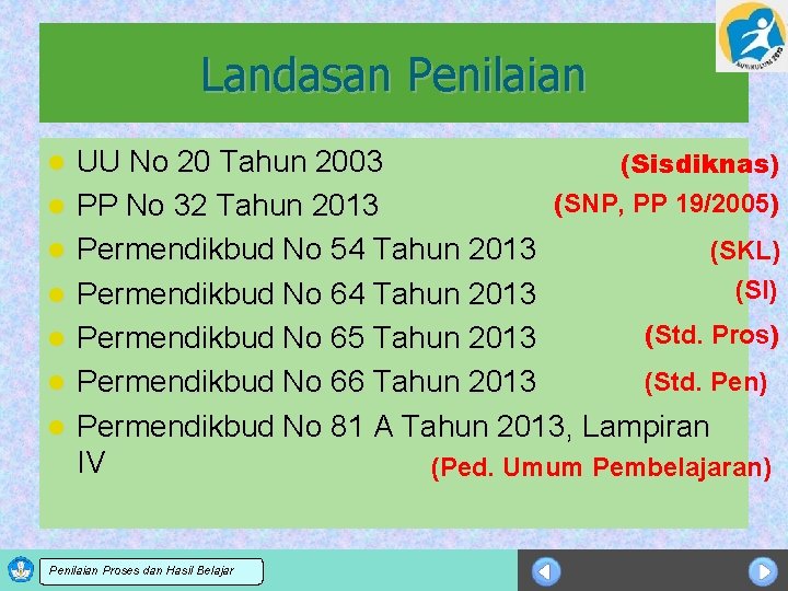 Landasan Penilaian l l l l UU No 20 Tahun 2003 (Sisdiknas) (SNP, PP