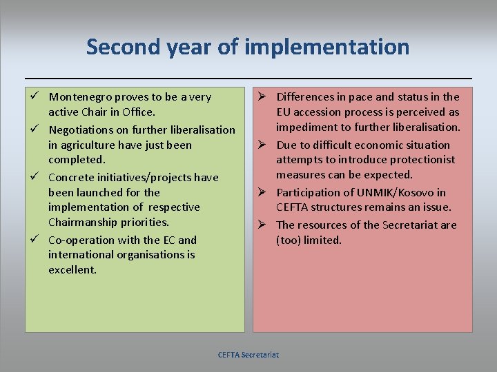 Second year of implementation ü Montenegro proves to be a very active Chair in