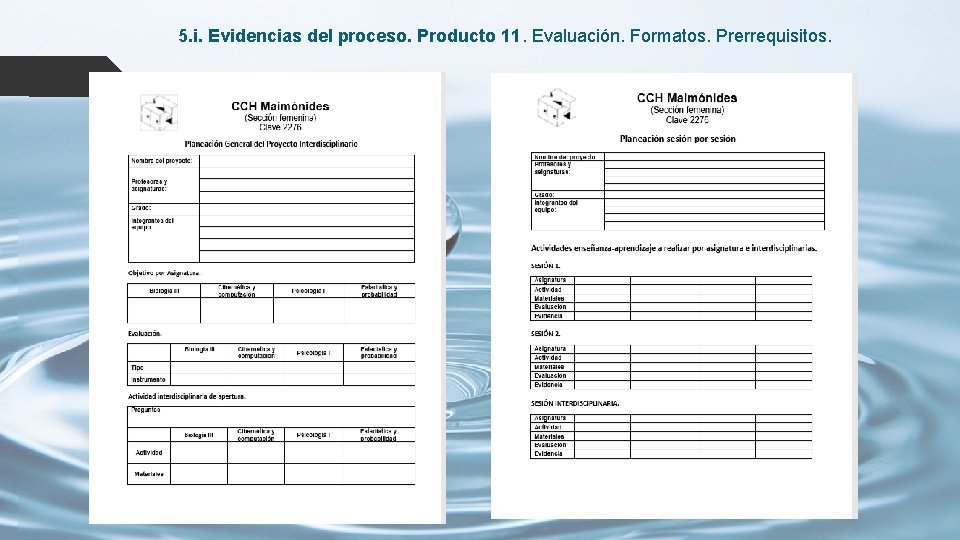 5. i. Evidencias del proceso. Producto 11. Evaluación. Formatos. Prerrequisitos. 