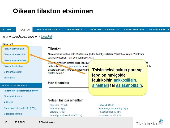 Oikean tilaston etsiminen www. tilastokeskus. fi > tilastot Toistaiseksi hakua parempi tapa on navigoida