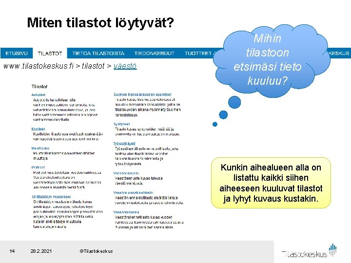 Miten tilastot löytyvät? www. tilastokeskus. fi > tilastot > väestö Mihin tilastoon etsimäsi tieto