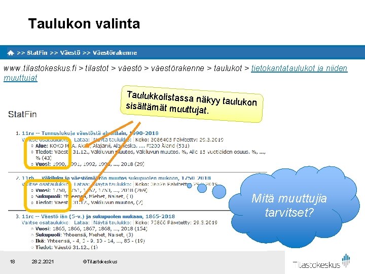 Taulukon valinta www. tilastokeskus. fi > tilastot > väestörakenne > taulukot > tietokantataulukot ja