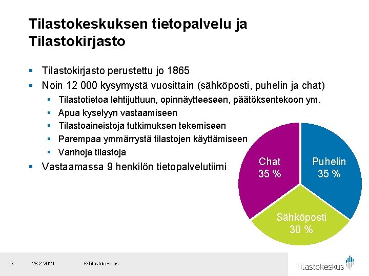 Tilastokeskuksen tietopalvelu ja Tilastokirjasto § Tilastokirjasto perustettu jo 1865 § Noin 12 000 kysymystä