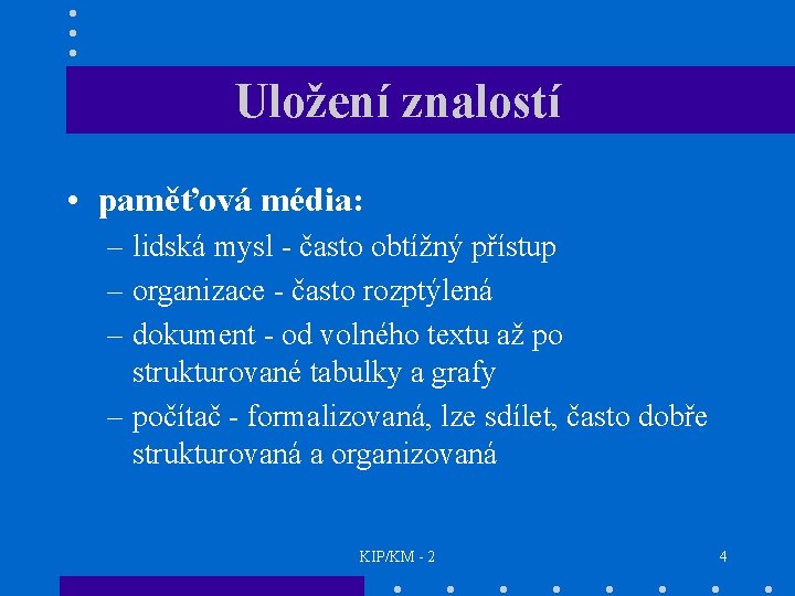 Uložení znalostí • paměťová média: – lidská mysl - často obtížný přístup – organizace