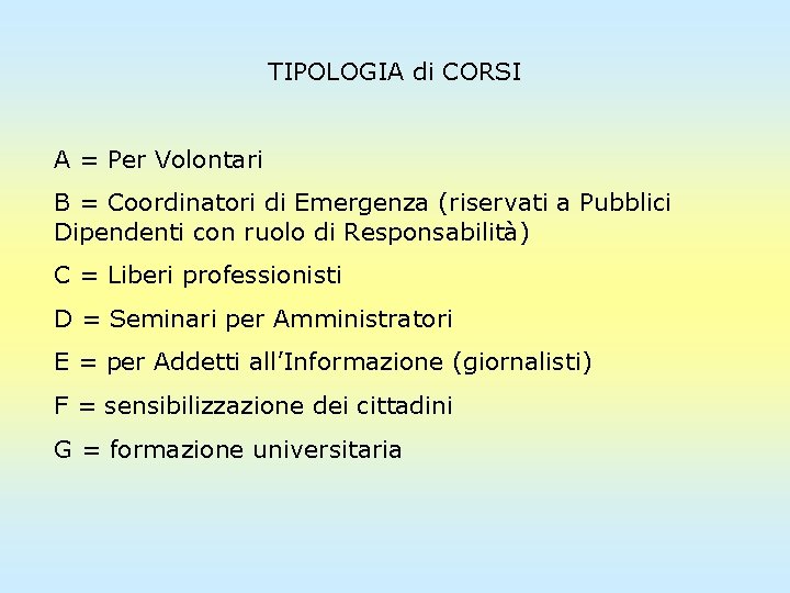 TIPOLOGIA di CORSI A = Per Volontari B = Coordinatori di Emergenza (riservati a