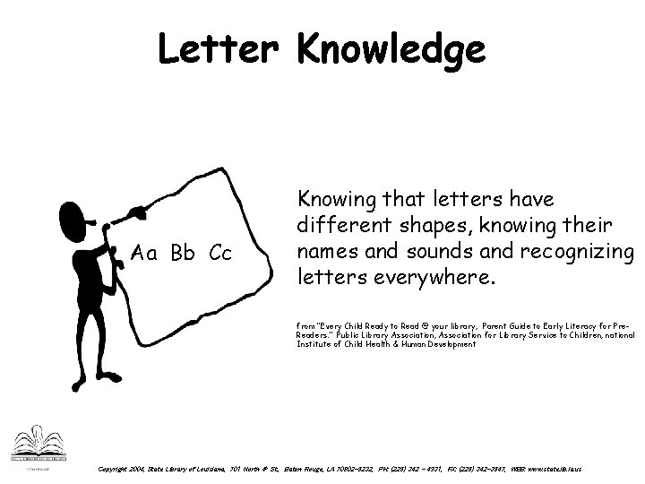 Letter Knowledge Aa Bb Cc Knowing that letters have different shapes, knowing their names