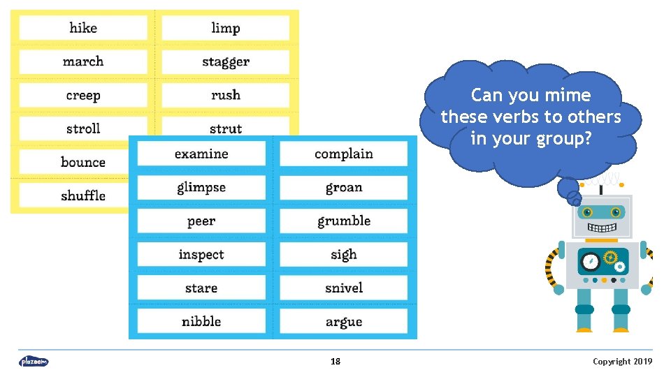 Can you mime these verbs to others in your group? 18 Copyright 2019 
