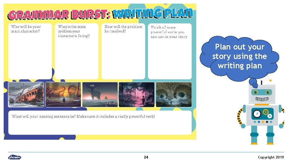 Plan out your story using the writing plan 24 Copyright 2019 
