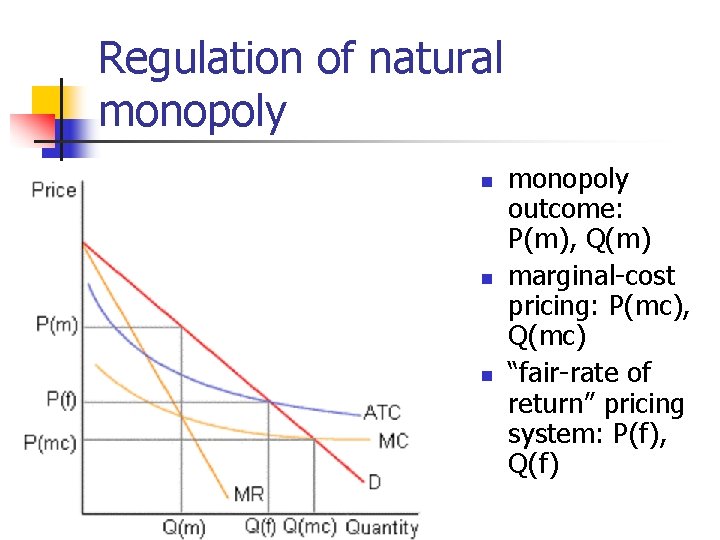 Regulation of natural monopoly n n n monopoly outcome: P(m), Q(m) marginal-cost pricing: P(mc),