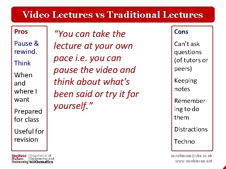 Video Lectures vs Traditional Lectures Pros Pause & rewind. Think When and where I