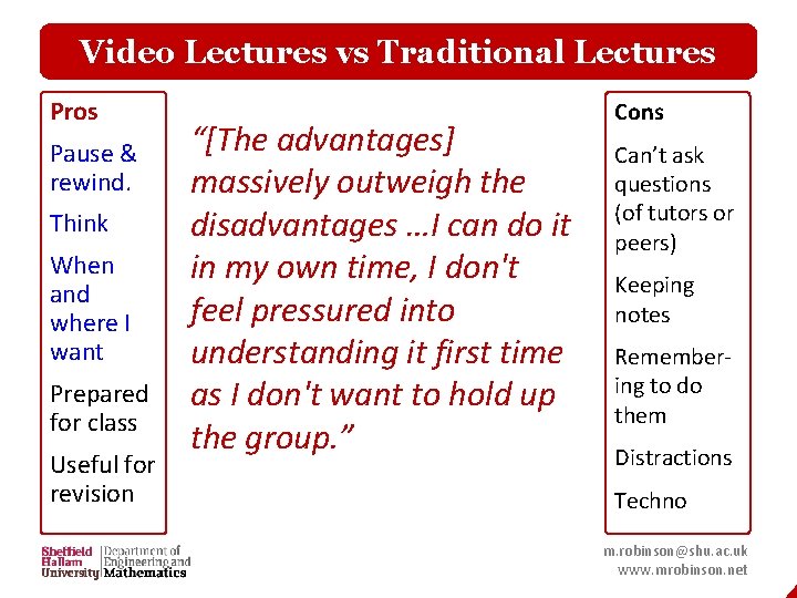 Video Lectures vs Traditional Lectures Pros Pause & rewind. Think When and where I