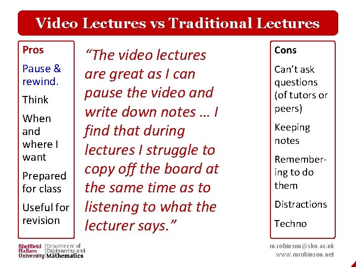 Video Lectures vs Traditional Lectures Pros Pause & rewind. Think When and where I