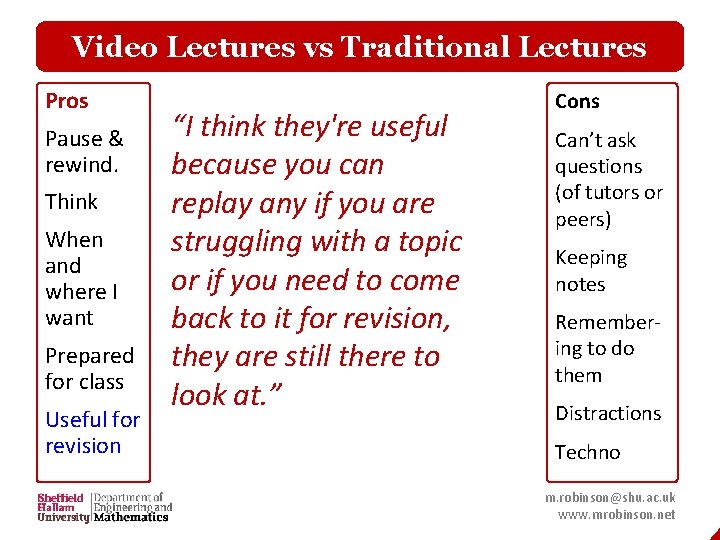 Video Lectures vs Traditional Lectures Pros Pause & rewind. Think When and where I
