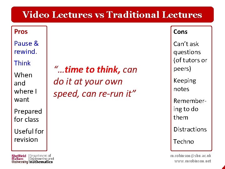 Video Lectures vs Traditional Lectures Pros Cons Pause & rewind. Can’t ask questions (of